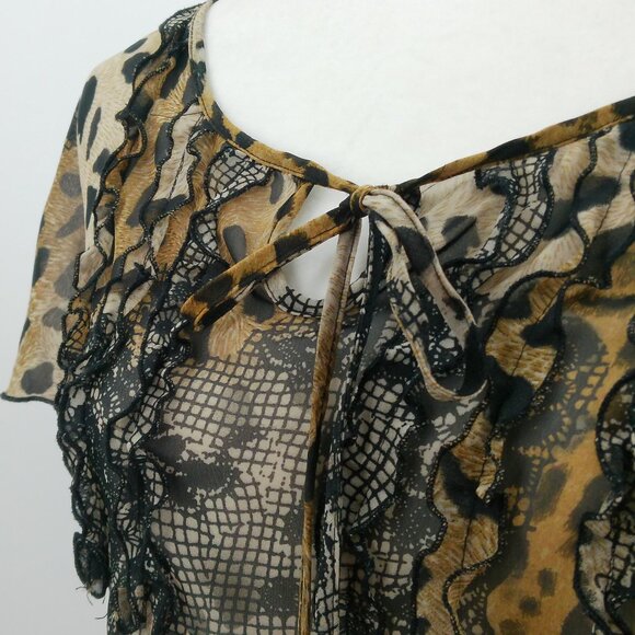 Vtg New York City Design Co Sheer Top Size S Leopard Lace Print Ruffle Tie Front - Picture 9 of 10